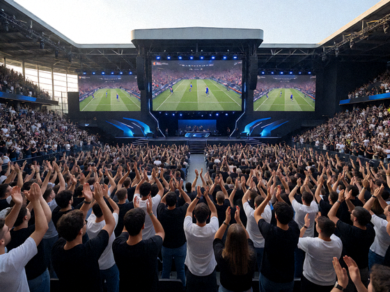 雷竞技电竞赛事现场， thousands of fans cheering for their favorite teams in a massive esports arena with giant screens displaying live matches