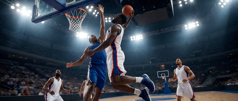 NBA篮球比赛中球员扣篮的精彩瞬间，篮球飞向篮筐，防守球员试图封盖，场馆灯光聚焦在球场上