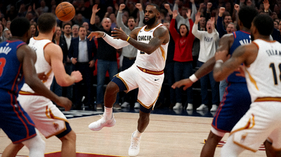 NBA篮球比赛精彩瞬间，詹姆斯完成一记精彩的传球助攻队友得分，场上气氛紧张激烈