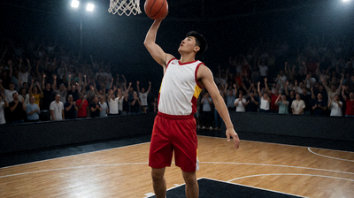篮球比赛现场，球员在空中扣篮，球场灯光聚焦，观众欢呼
